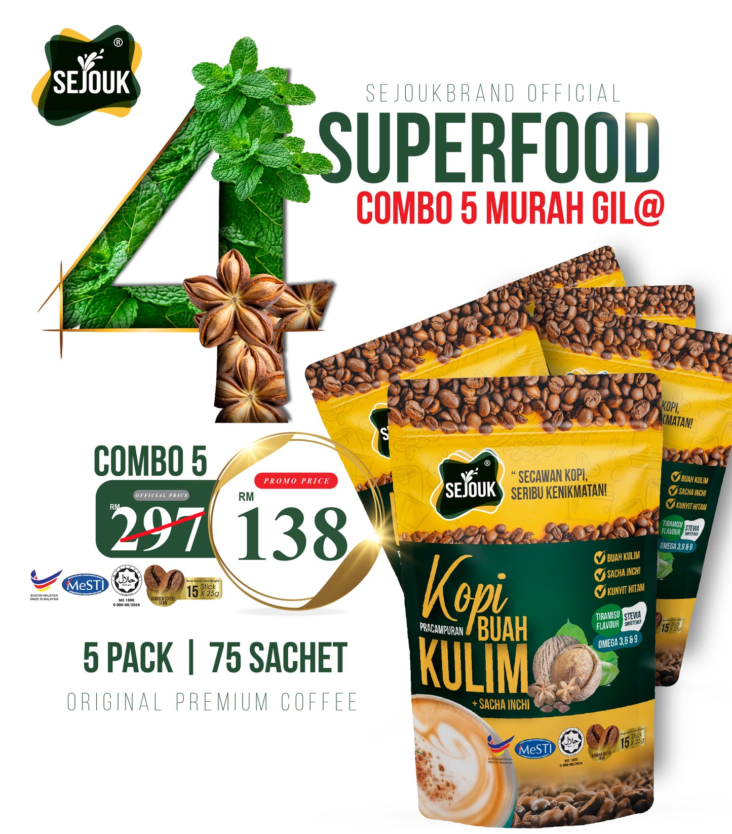 KAWAL INSULIN- 5 PACK KOPI BUAH KULIM + SACHA INCHI + KUNYIT HITAM