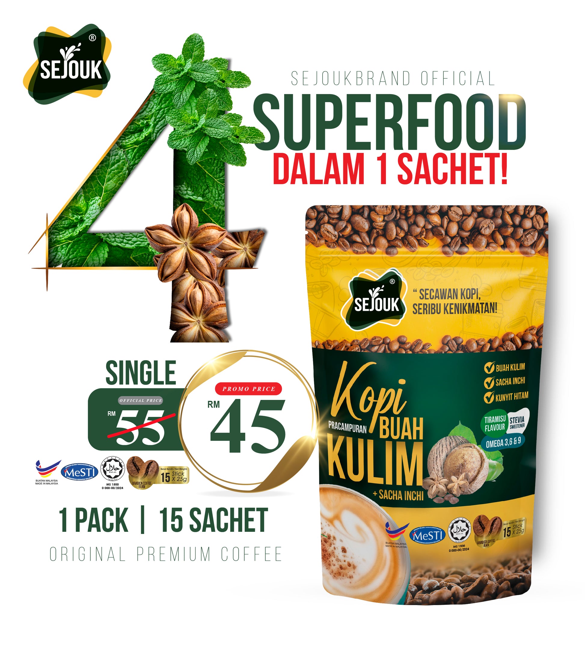 1 TENAGA SEBENAR! - KOPI BUAH KULIM + SACHA INCHI + KUNYIT HITAM